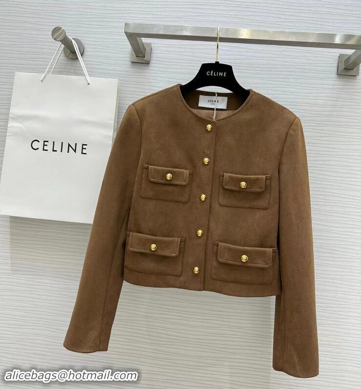 Top Grade Celine Pure Collar Jacket In Patina Finish Suede CE8947 Brown