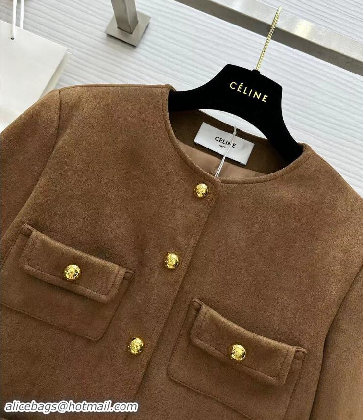 Top Grade Celine Pure Collar Jacket In Patina Finish Suede CE8947 Brown