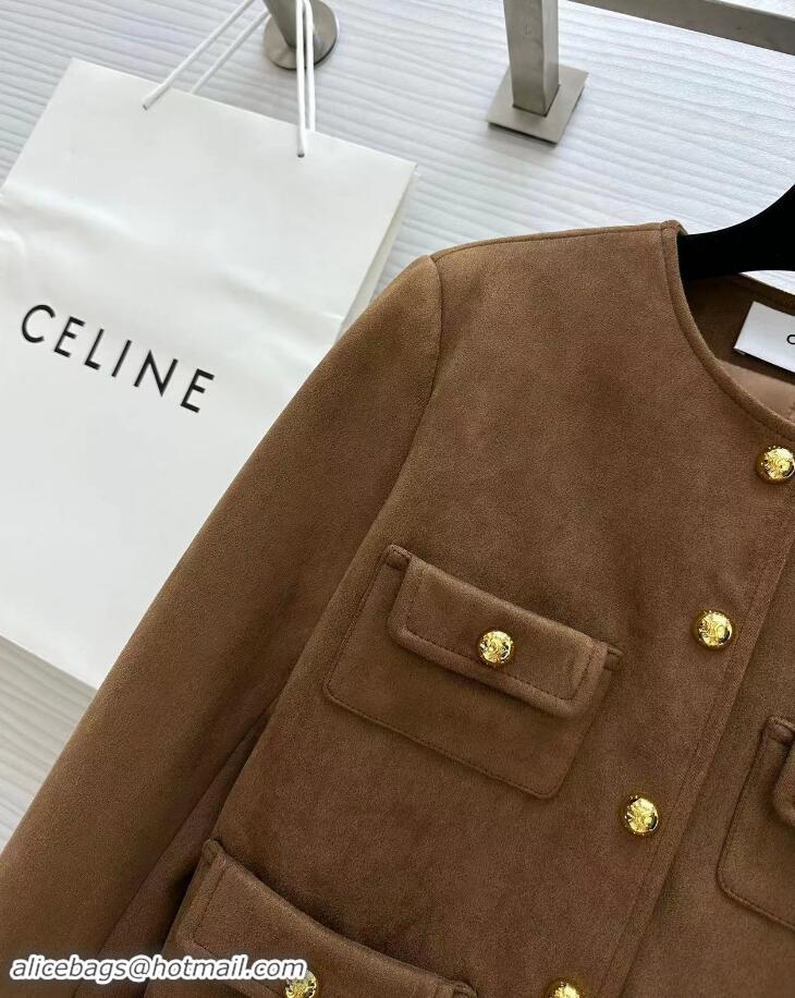 Top Grade Celine Pure Collar Jacket In Patina Finish Suede CE8947 Brown