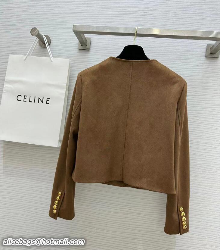 Top Grade Celine Pure Collar Jacket In Patina Finish Suede CE8947 Brown