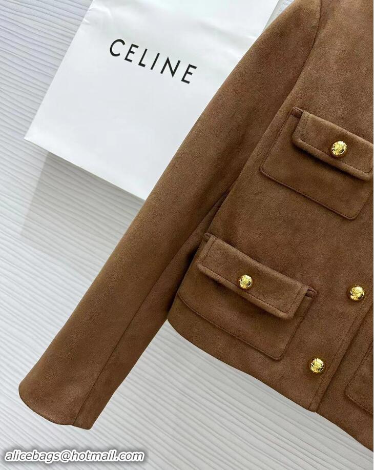 Top Grade Celine Pure Collar Jacket In Patina Finish Suede CE8947 Brown