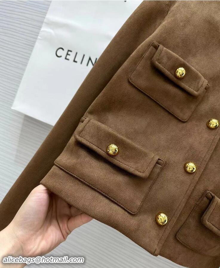 Top Grade Celine Pure Collar Jacket In Patina Finish Suede CE8947 Brown