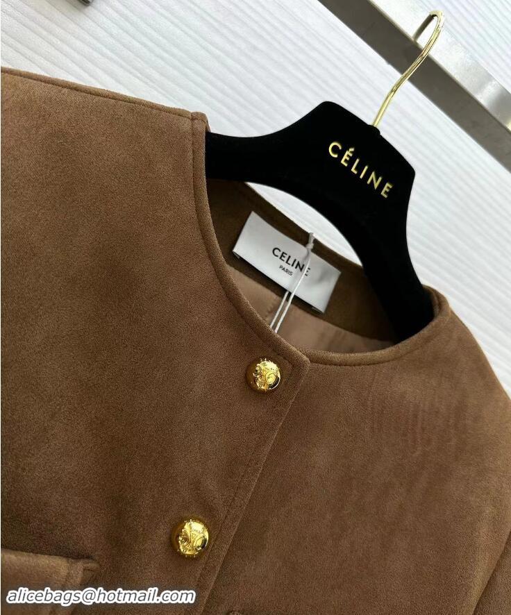 Top Grade Celine Pure Collar Jacket In Patina Finish Suede CE8947 Brown