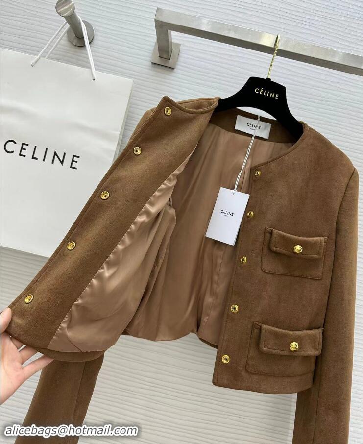 Top Grade Celine Pure Collar Jacket In Patina Finish Suede CE8947 Brown