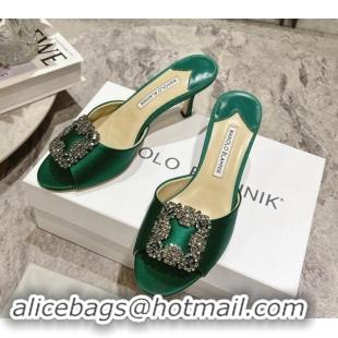 Shop Duplicate Manolo Blahnik Hangisimu Satin Heel Slide Sandals 7.5cm with Strass Buckle Green 507021