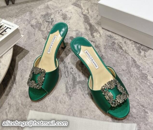 Shop Duplicate Manolo Blahnik Hangisimu Satin Heel Slide Sandals 7.5cm with Strass Buckle Green 507021