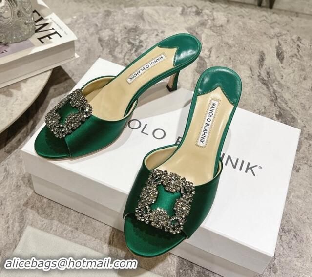 Shop Duplicate Manolo Blahnik Hangisimu Satin Heel Slide Sandals 7.5cm with Strass Buckle Green 507021