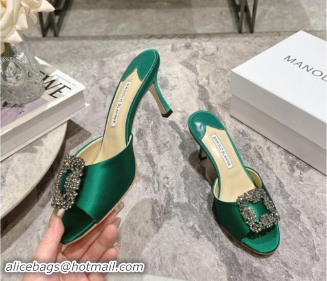 Shop Duplicate Manolo Blahnik Hangisimu Satin Heel Slide Sandals 7.5cm with Strass Buckle Green 507021