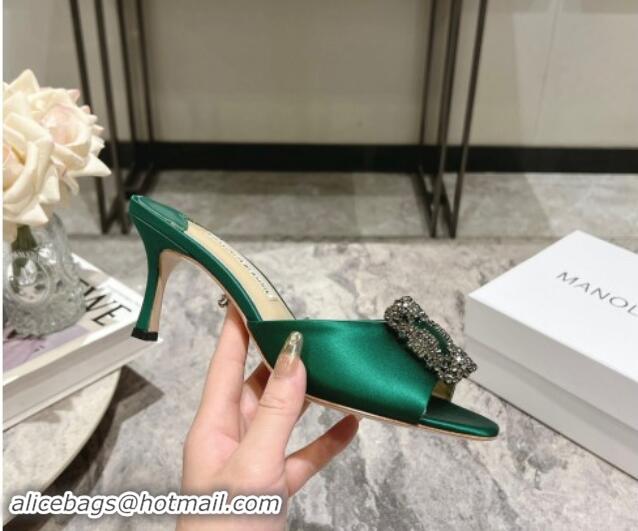 Shop Duplicate Manolo Blahnik Hangisimu Satin Heel Slide Sandals 7.5cm with Strass Buckle Green 507021