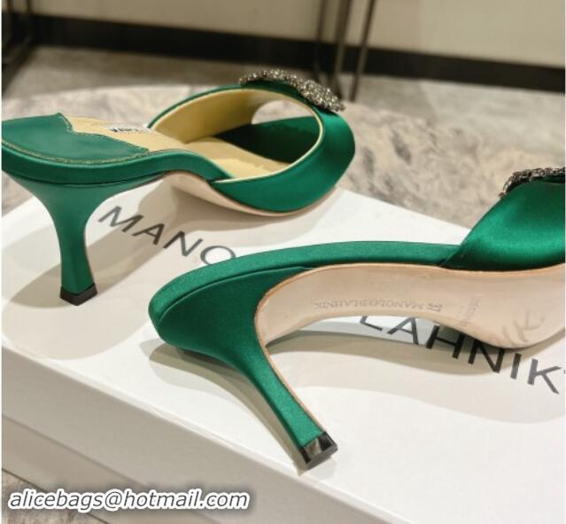 Shop Duplicate Manolo Blahnik Hangisimu Satin Heel Slide Sandals 7.5cm with Strass Buckle Green 507021