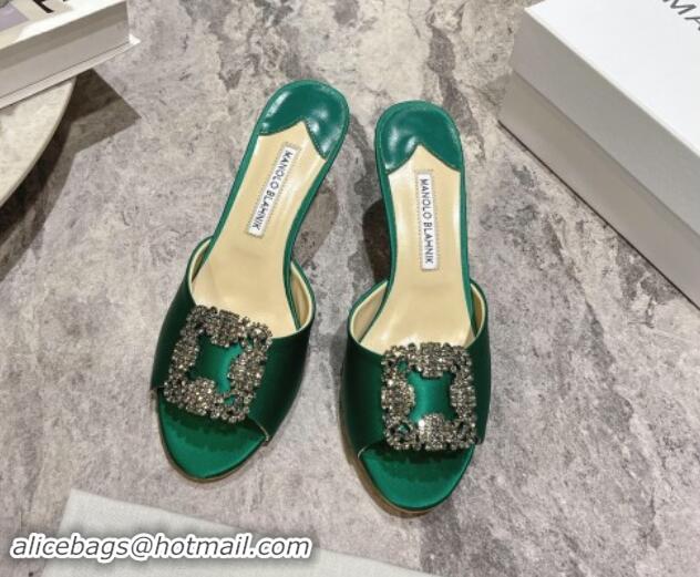 Shop Duplicate Manolo Blahnik Hangisimu Satin Heel Slide Sandals 7.5cm with Strass Buckle Green 507021