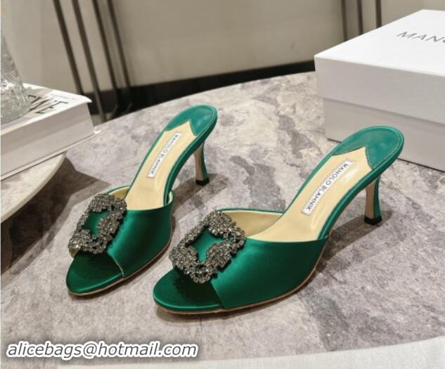 Shop Duplicate Manolo Blahnik Hangisimu Satin Heel Slide Sandals 7.5cm with Strass Buckle Green 507021