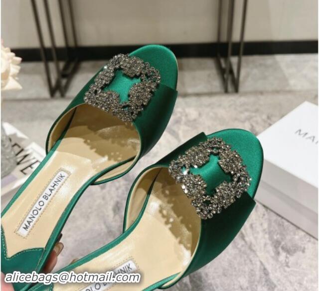 Shop Duplicate Manolo Blahnik Hangisimu Satin Heel Slide Sandals 7.5cm with Strass Buckle Green 507021