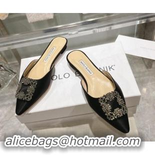 Unique Style Manolo Blahnik Hangisimu Satin Flat Mules with Strass Buckle Black 507022