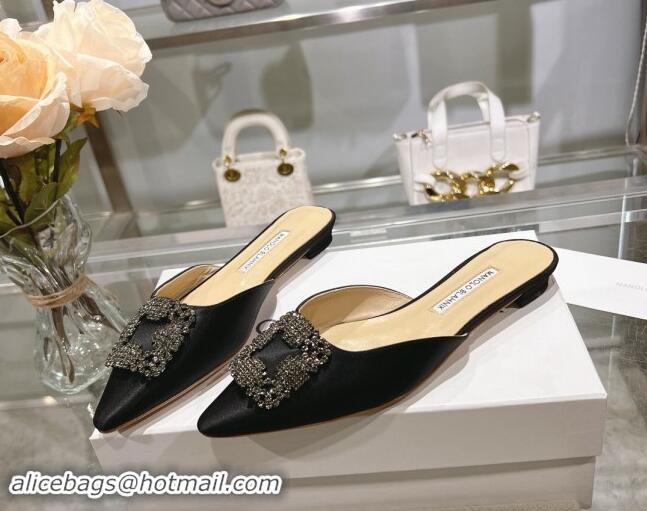 Unique Style Manolo Blahnik Hangisimu Satin Flat Mules with Strass Buckle Black 507022