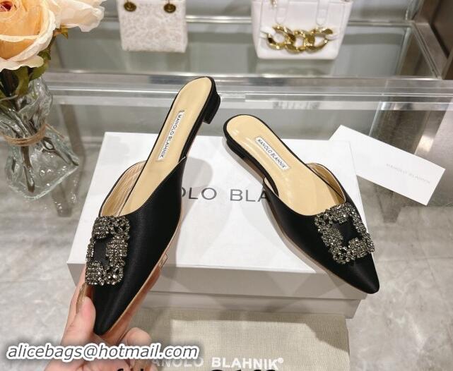 Unique Style Manolo Blahnik Hangisimu Satin Flat Mules with Strass Buckle Black 507022