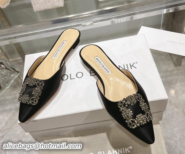 Unique Style Manolo Blahnik Hangisimu Satin Flat Mules with Strass Buckle Black 507022