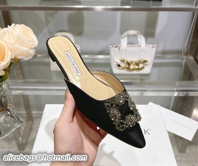 Unique Style Manolo Blahnik Hangisimu Satin Flat Mules with Strass Buckle Black 507022