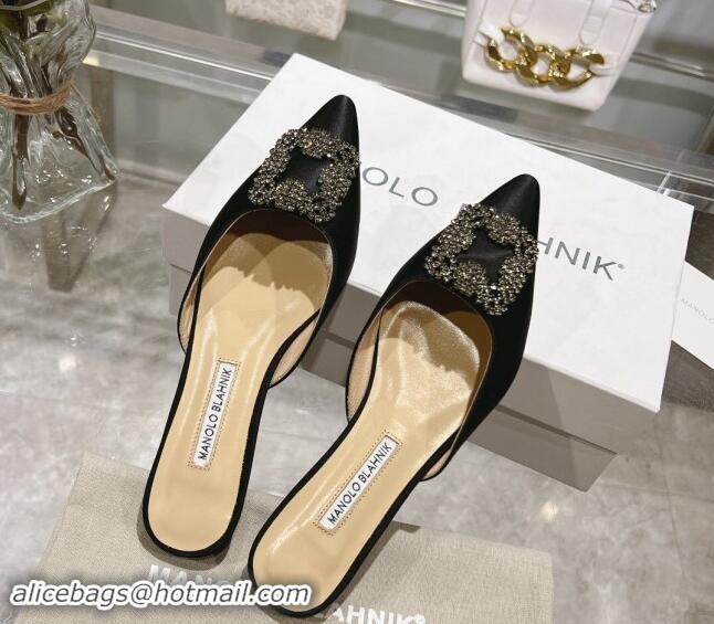 Unique Style Manolo Blahnik Hangisimu Satin Flat Mules with Strass Buckle Black 507022