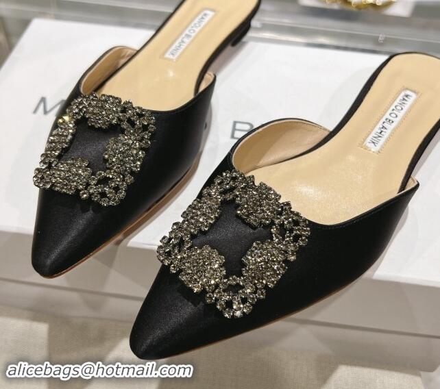 Unique Style Manolo Blahnik Hangisimu Satin Flat Mules with Strass Buckle Black 507022