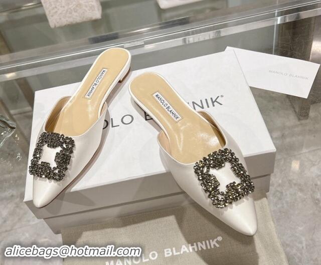 Perfect Manolo Blahnik Hangisimu Satin Flat Mules with Strass Buckle White 507023