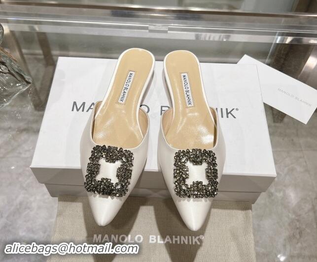 Perfect Manolo Blahnik Hangisimu Satin Flat Mules with Strass Buckle White 507023