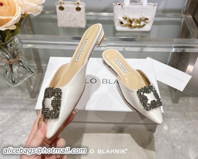 Perfect Manolo Blahnik Hangisimu Satin Flat Mules with Strass Buckle White 507023