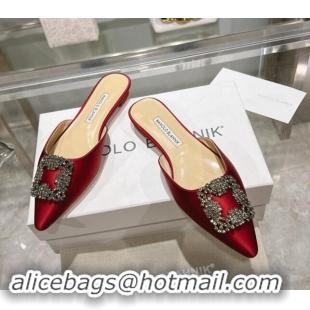 Buy Discount Manolo Blahnik Hangisimu Satin Flat Mules with Strass Buckle Red 507024