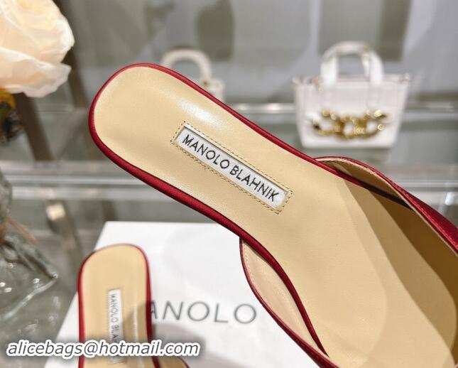 Buy Discount Manolo Blahnik Hangisimu Satin Flat Mules with Strass Buckle Red 507024