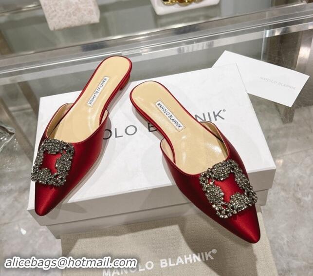 Buy Discount Manolo Blahnik Hangisimu Satin Flat Mules with Strass Buckle Red 507024