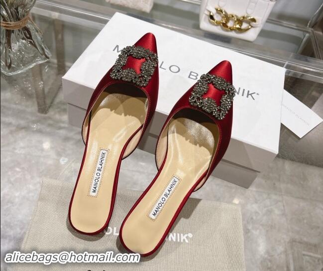 Buy Discount Manolo Blahnik Hangisimu Satin Flat Mules with Strass Buckle Red 507024