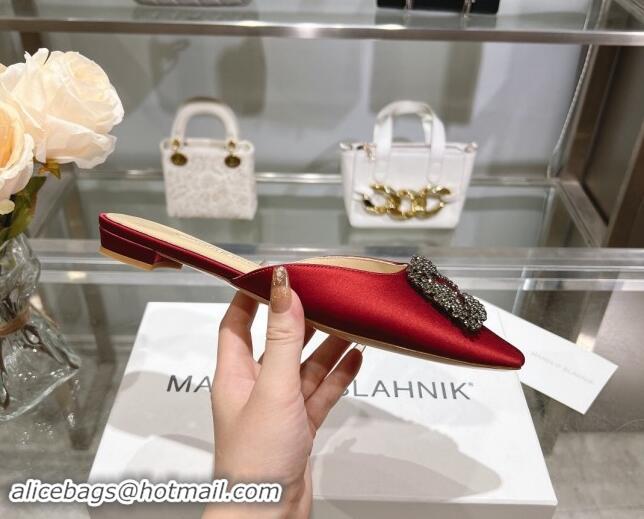 Buy Discount Manolo Blahnik Hangisimu Satin Flat Mules with Strass Buckle Red 507024