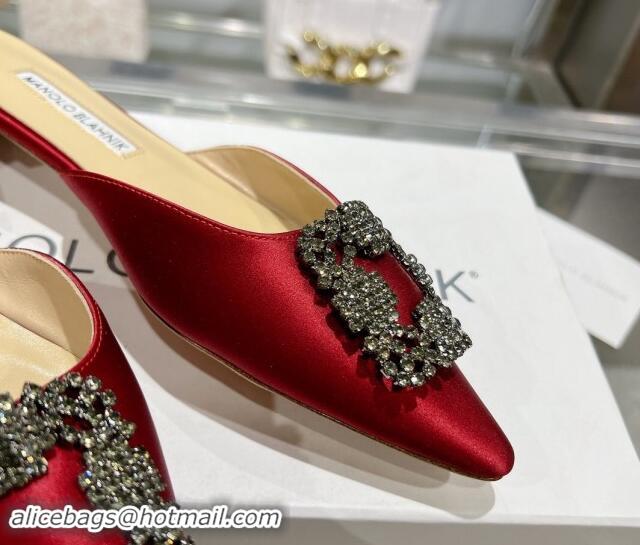 Buy Discount Manolo Blahnik Hangisimu Satin Flat Mules with Strass Buckle Red 507024