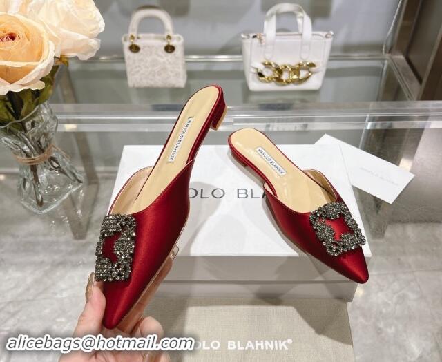 Buy Discount Manolo Blahnik Hangisimu Satin Flat Mules with Strass Buckle Red 507024