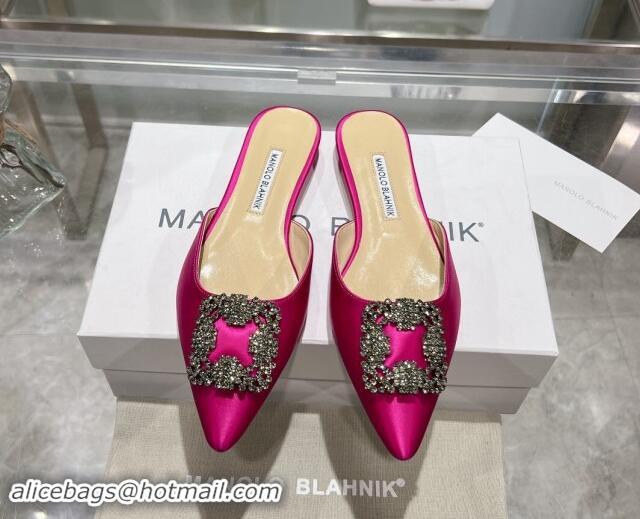 Generous Manolo Blahnik Hangisimu Satin Flat Mules with Strass Buckle Pink 507025