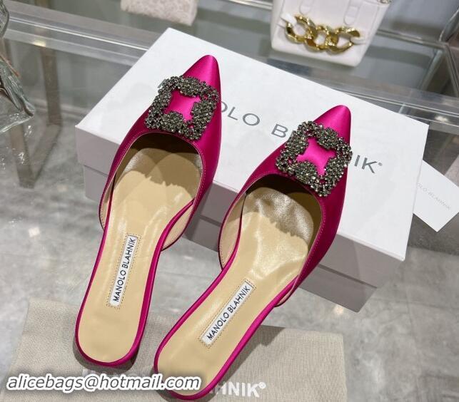 Generous Manolo Blahnik Hangisimu Satin Flat Mules with Strass Buckle Pink 507025