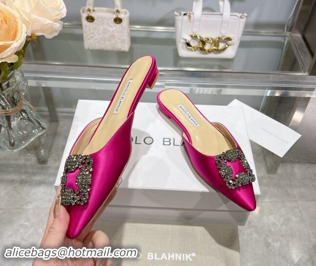 Generous Manolo Blahnik Hangisimu Satin Flat Mules with Strass Buckle Pink 507025