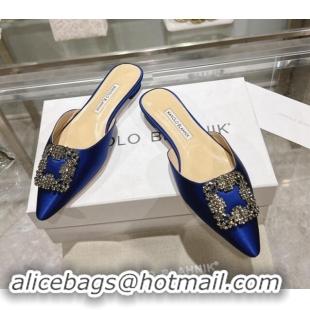 Best Price Manolo Blahnik Hangisimu Satin Flat Mules with Strass Buckle Blue 507026