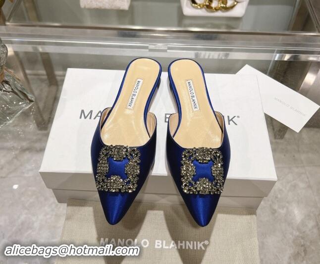 Best Price Manolo Blahnik Hangisimu Satin Flat Mules with Strass Buckle Blue 507026