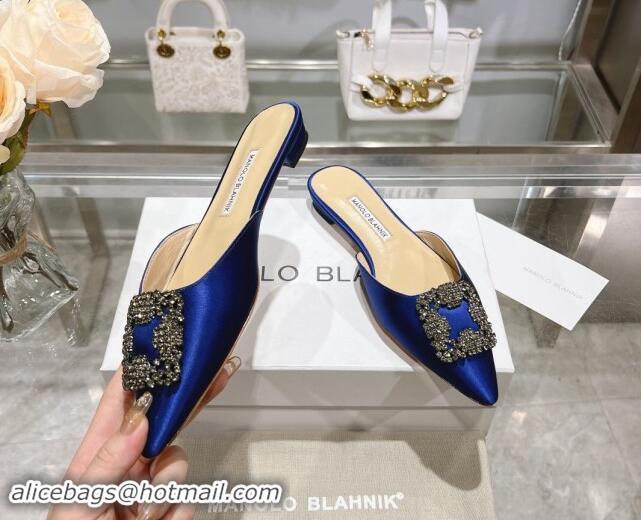 Best Price Manolo Blahnik Hangisimu Satin Flat Mules with Strass Buckle Blue 507026