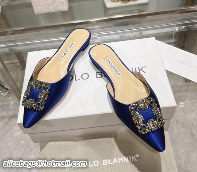 Best Price Manolo Blahnik Hangisimu Satin Flat Mules with Strass Buckle Blue 507026