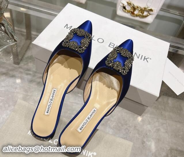 Best Price Manolo Blahnik Hangisimu Satin Flat Mules with Strass Buckle Blue 507026