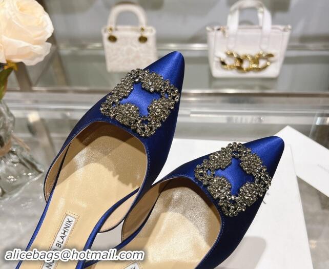 Best Price Manolo Blahnik Hangisimu Satin Flat Mules with Strass Buckle Blue 507026