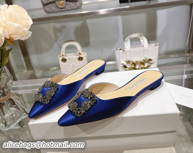 Best Price Manolo Blahnik Hangisimu Satin Flat Mules with Strass Buckle Blue 507026