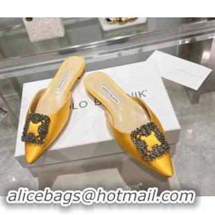 Shop Cheap Manolo Blahnik Hangisimu Satin Flat Mules with Strass Buckle Yellow 507027