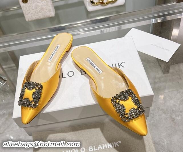 Shop Cheap Manolo Blahnik Hangisimu Satin Flat Mules with Strass Buckle Yellow 507027