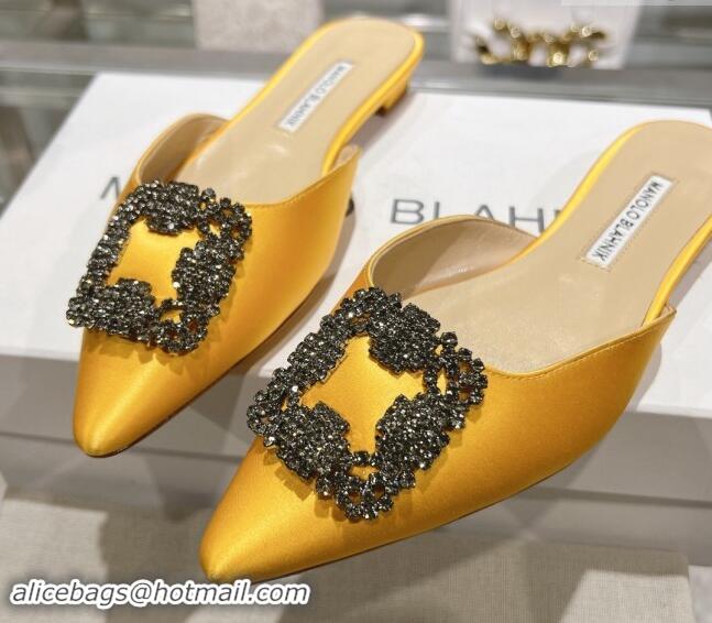 Shop Cheap Manolo Blahnik Hangisimu Satin Flat Mules with Strass Buckle Yellow 507027