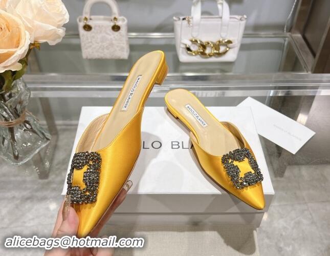 Shop Cheap Manolo Blahnik Hangisimu Satin Flat Mules with Strass Buckle Yellow 507027