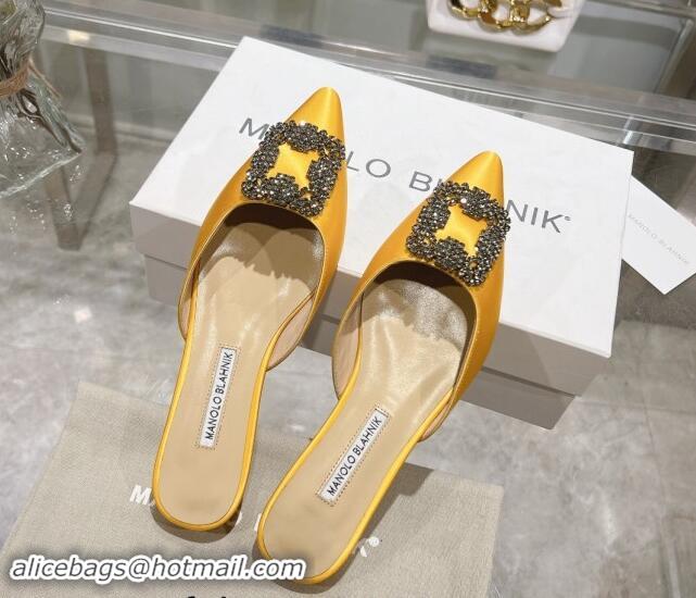 Shop Cheap Manolo Blahnik Hangisimu Satin Flat Mules with Strass Buckle Yellow 507027