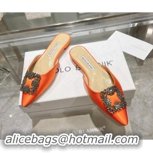 Grade Quality Manolo Blahnik Hangisimu Satin Flat Mules with Strass Buckle Orange 507028